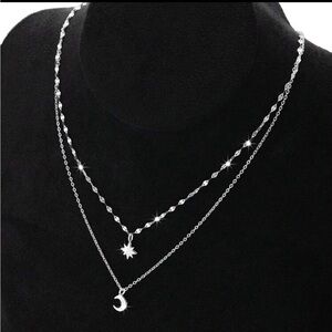 925 Silver Women's Double-Layered CZ Star And Moon Pendant Necklace